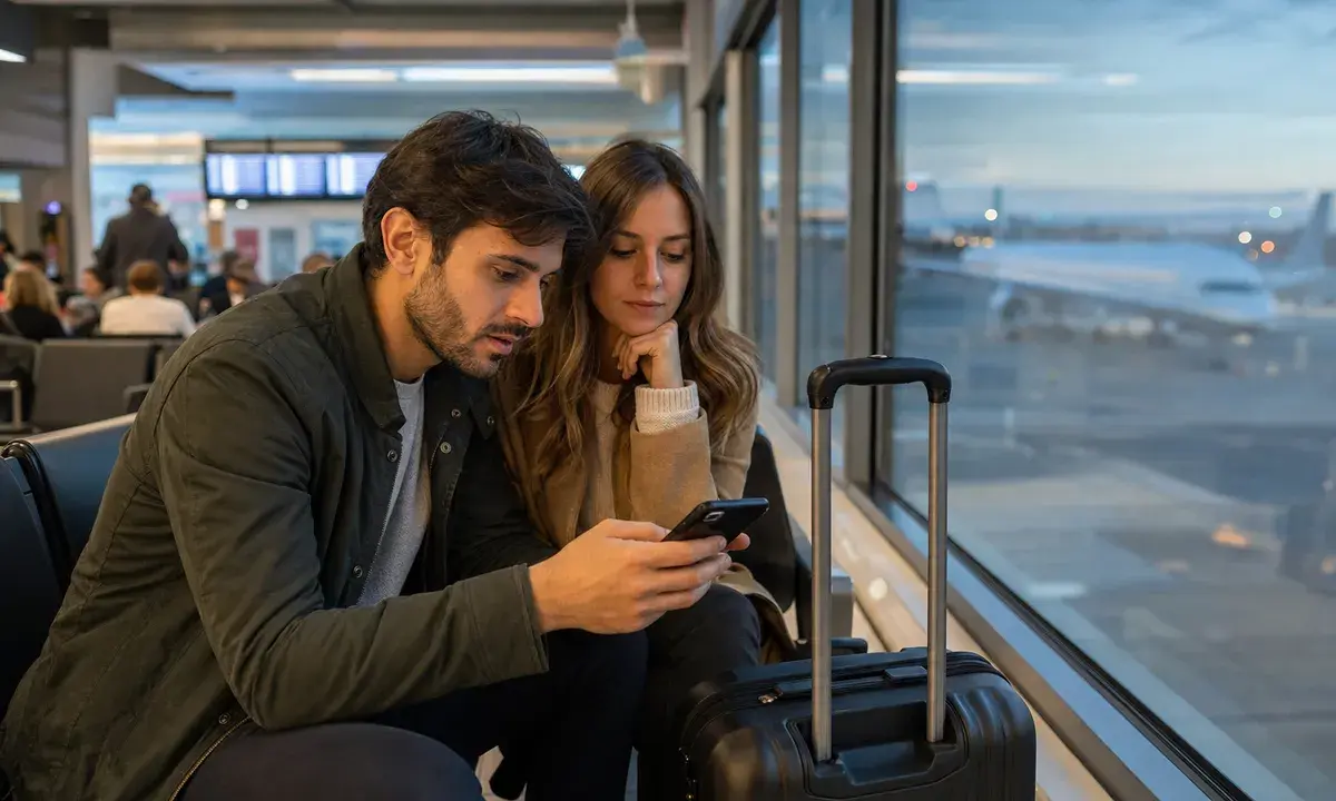 Coppia in aeroporto seduta vicino al finestrino mentre controlla offerte voli sullo smartphone, con trolley accanto