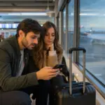 Coppia in aeroporto seduta vicino al finestrino mentre controlla offerte voli sullo smartphone, con trolley accanto