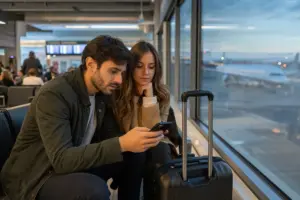 Coppia in aeroporto seduta vicino al finestrino mentre controlla offerte voli sullo smartphone, con trolley accanto