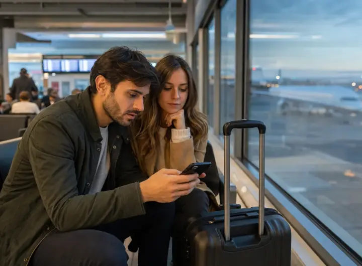 Coppia in aeroporto seduta vicino al finestrino mentre controlla offerte voli sullo smartphone, con trolley accanto