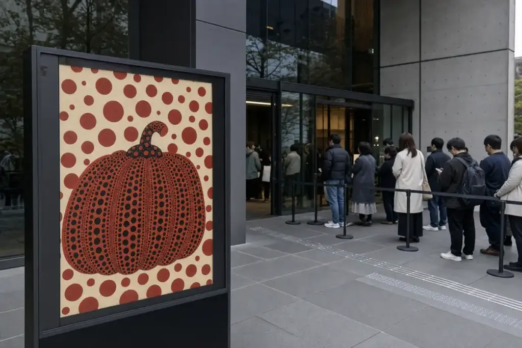 Poster con zucca a pois rossi davanti all’ingresso di un museo moderno, con visitatori in fila