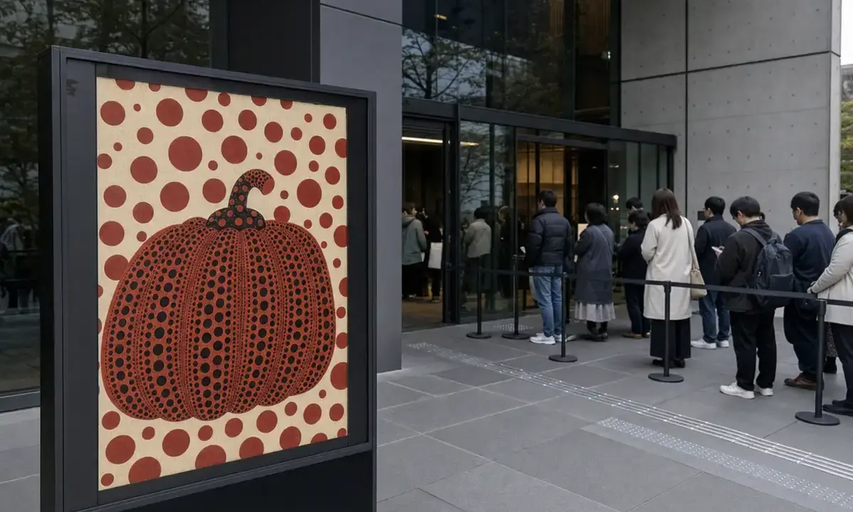 Poster con zucca a pois rossi davanti all’ingresso di un museo moderno, con visitatori in fila