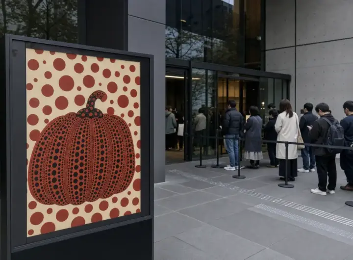 Poster con zucca a pois rossi davanti all’ingresso di un museo moderno, con visitatori in fila