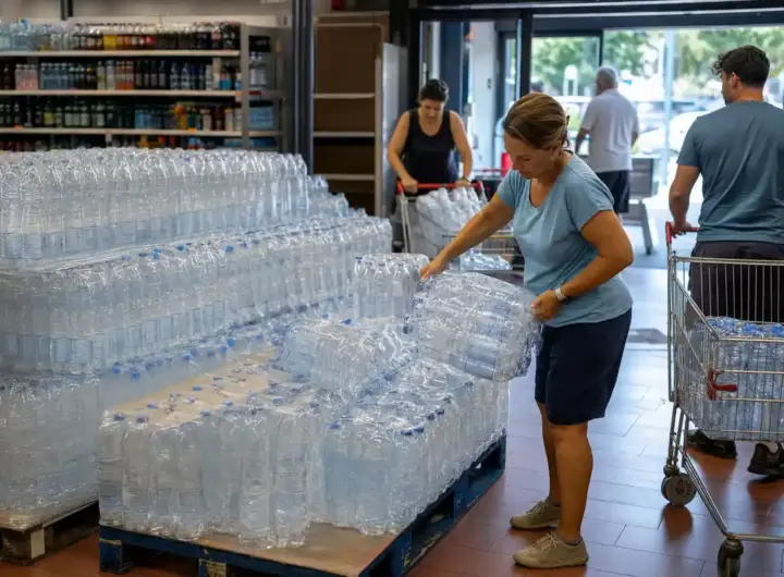 Clienti in supermercato prelevano confezioni di bottiglie d’acqua da grandi pallet vicino all’ingresso