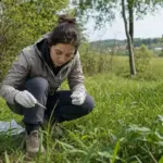Ricercatrice sul campo ispeziona l’erba alta con pinzette e fiala per campioni in un prato ai margini del bosco