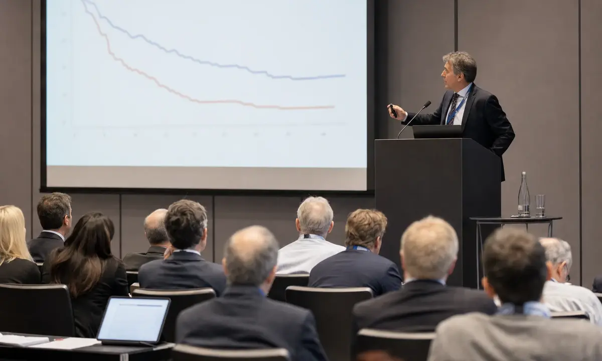 Relatore a un congresso medico davanti a una slide con grafici a linee, con il pubblico di professionisti seduto in sala