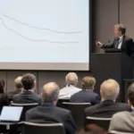 Relatore a un congresso medico davanti a una slide con grafici a linee, con il pubblico di professionisti seduto in sala