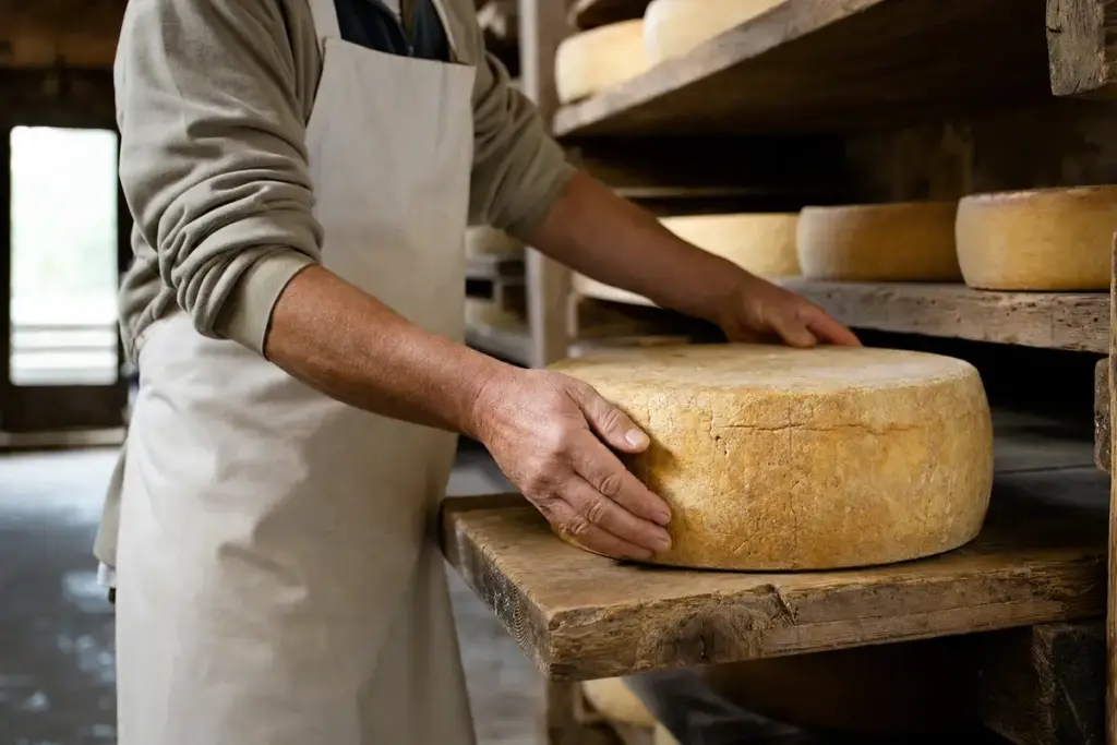 Mani di un casaro che gira una forma di formaggio stagionato su scaffali di legno in una cantina di affinamento