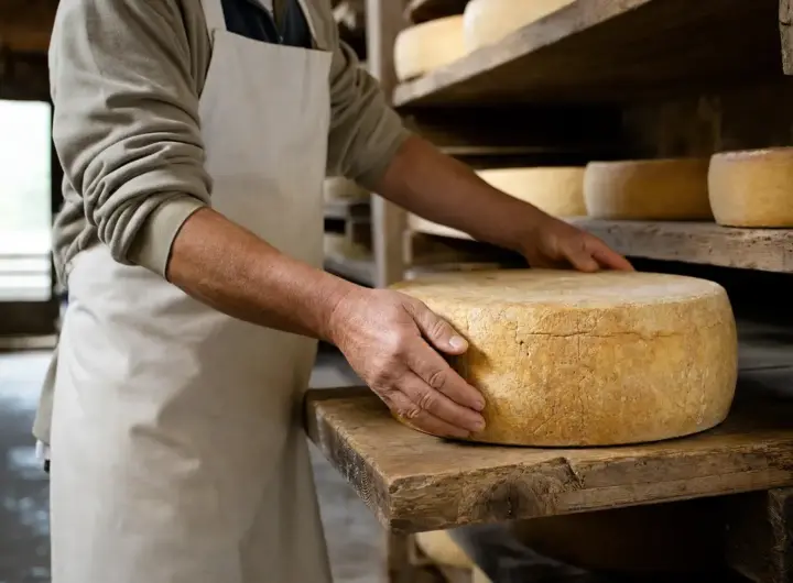 Mani di un casaro che gira una forma di formaggio stagionato su scaffali di legno in una cantina di affinamento