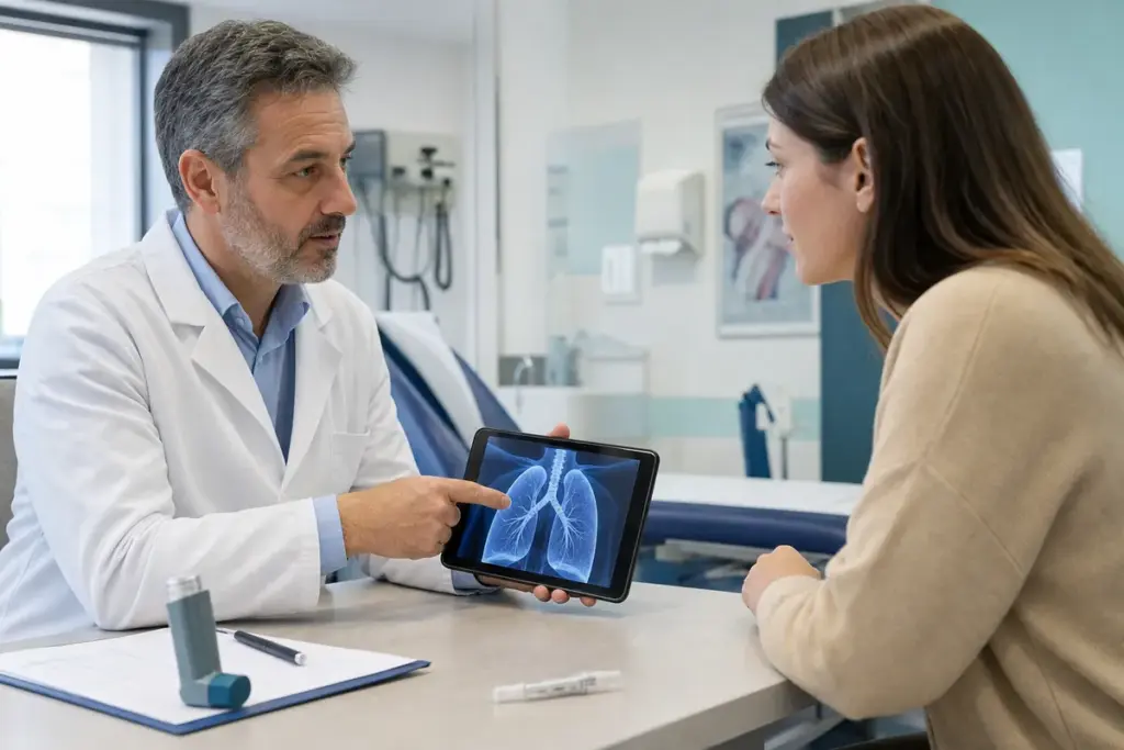 Medico in camice mostra radiografia dei polmoni su tablet a una paziente in ambulatorio, con inalatore e penna iniettiva
