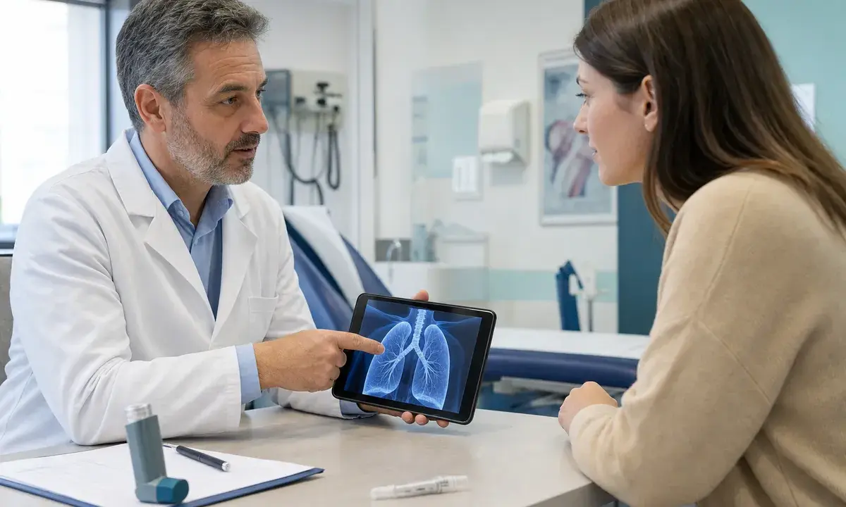 Medico in camice mostra radiografia dei polmoni su tablet a una paziente in ambulatorio, con inalatore e penna iniettiva
