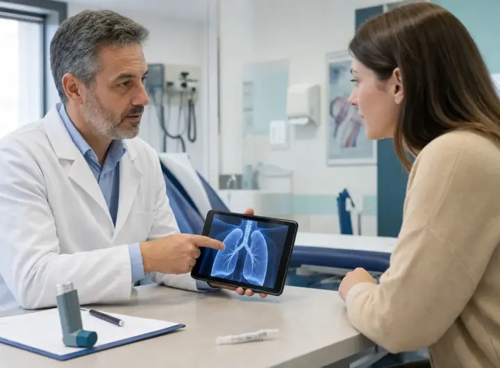 Medico in camice mostra radiografia dei polmoni su tablet a una paziente in ambulatorio, con inalatore e penna iniettiva