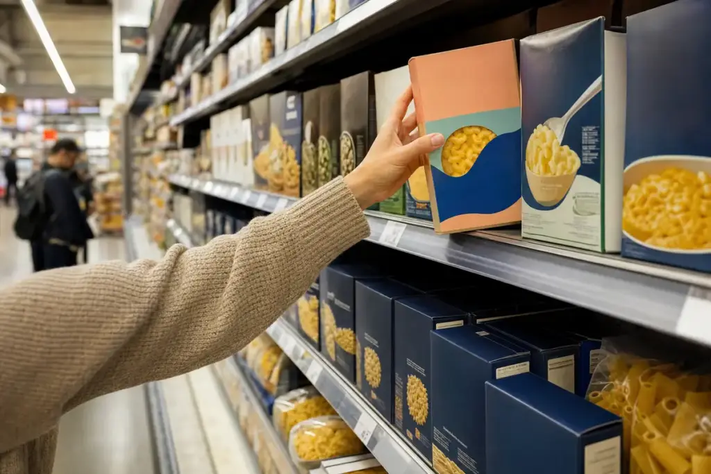 Mano di un acquirente che prende una scatola di maccheroni al formaggio dallo scaffale pasta in un supermercato