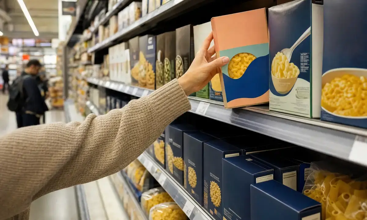 Mano di un acquirente che prende una scatola di maccheroni al formaggio dallo scaffale pasta in un supermercato