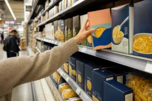 Mano di un acquirente che prende una scatola di maccheroni al formaggio dallo scaffale pasta in un supermercato
