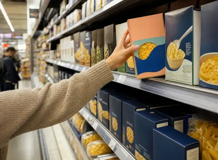 Mano di un acquirente che prende una scatola di maccheroni al formaggio dallo scaffale pasta in un supermercato