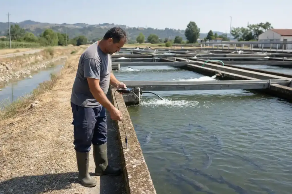 Addetto in stivali controlla la qualità dell’acqua in vasche di allevamento ittico all’aperto durante un’estate secca