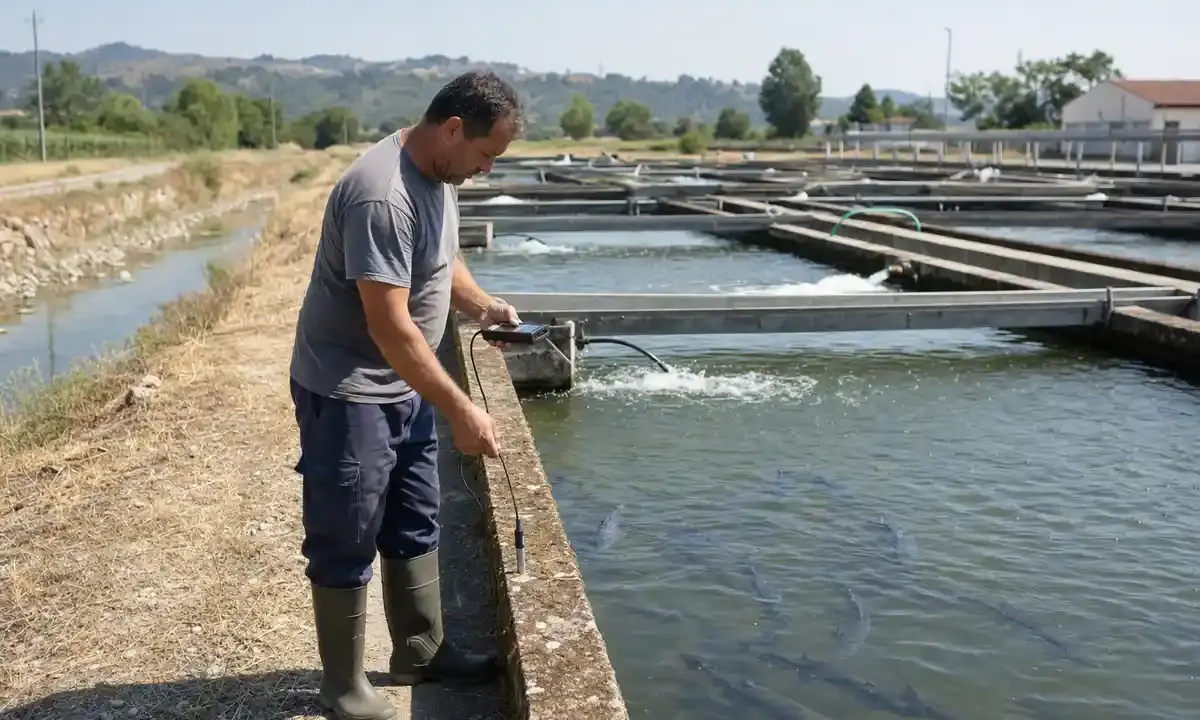Addetto in stivali controlla la qualità dell’acqua in vasche di allevamento ittico all’aperto durante un’estate secca