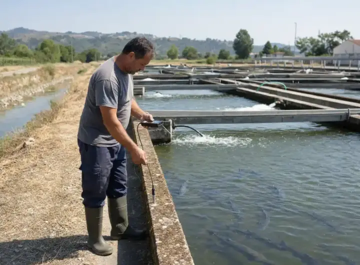 Addetto in stivali controlla la qualità dell’acqua in vasche di allevamento ittico all’aperto durante un’estate secca