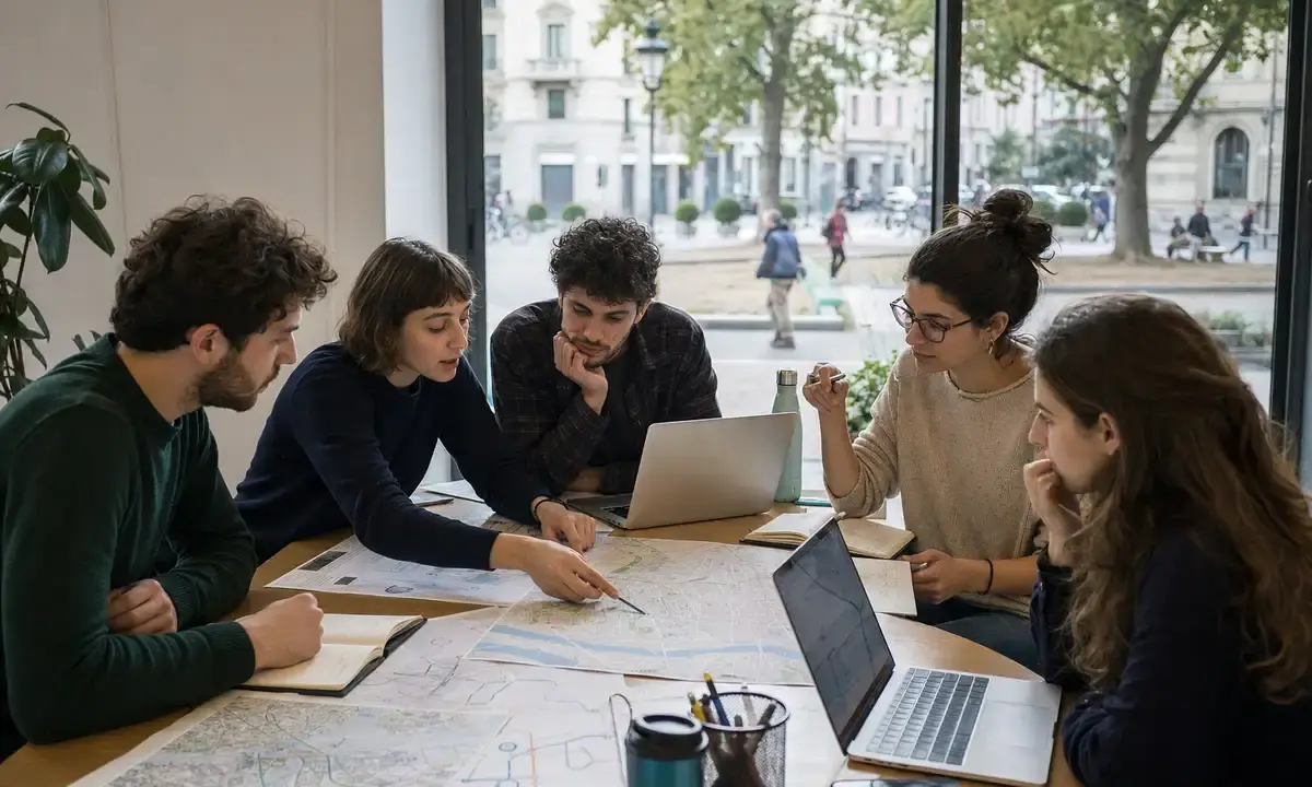 Giovani al tavolo con laptop e mappe urbane in riunione, con parco e strada alberata visibili dalla finestra