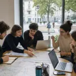 Giovani al tavolo con laptop e mappe urbane in riunione, con parco e strada alberata visibili dalla finestra