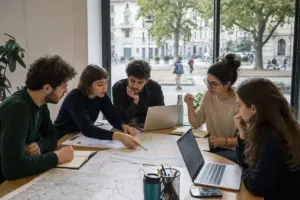Giovani al tavolo con laptop e mappe urbane in riunione, con parco e strada alberata visibili dalla finestra