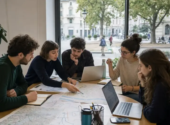 Giovani al tavolo con laptop e mappe urbane in riunione, con parco e strada alberata visibili dalla finestra