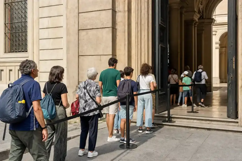 Coda di visitatori all’ingresso di un museo con barriera di sicurezza e portone aperto
