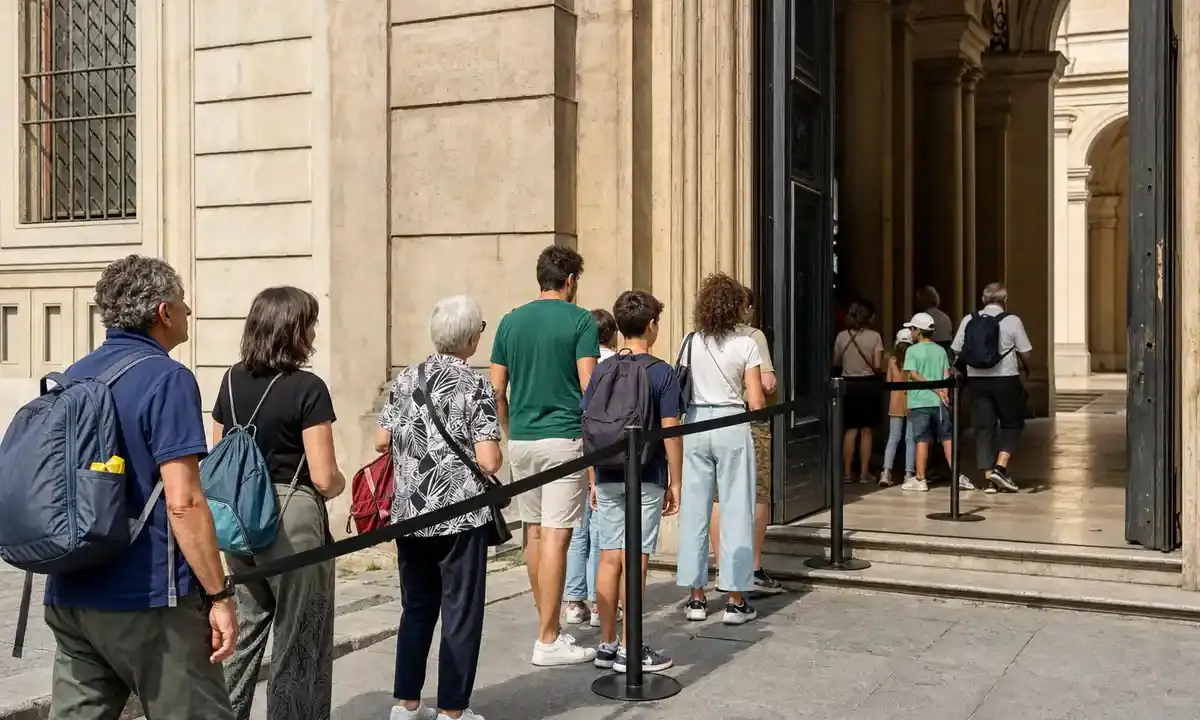 Coda di visitatori all’ingresso di un museo con barriera di sicurezza e portone aperto