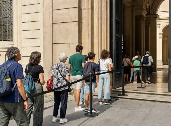 Coda di visitatori all’ingresso di un museo con barriera di sicurezza e portone aperto