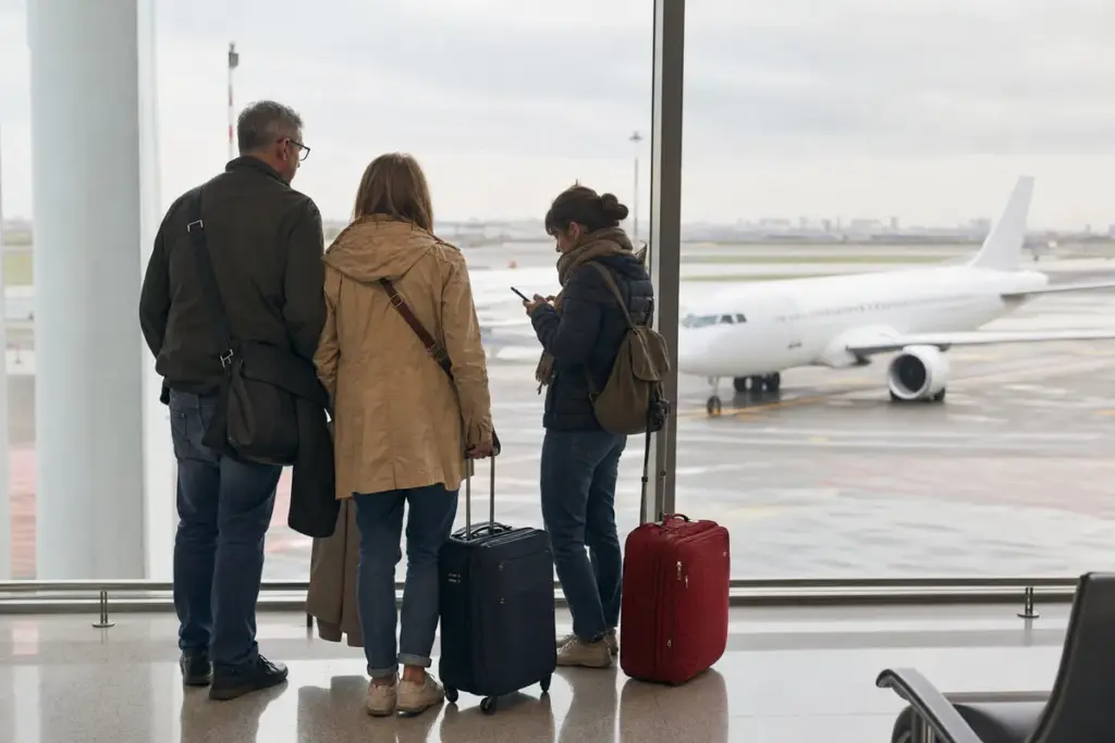 Tre viaggiatori con valigie aspettano al finestrone dell’aeroporto, con un aereo bianco sulla pista sullo sfondo