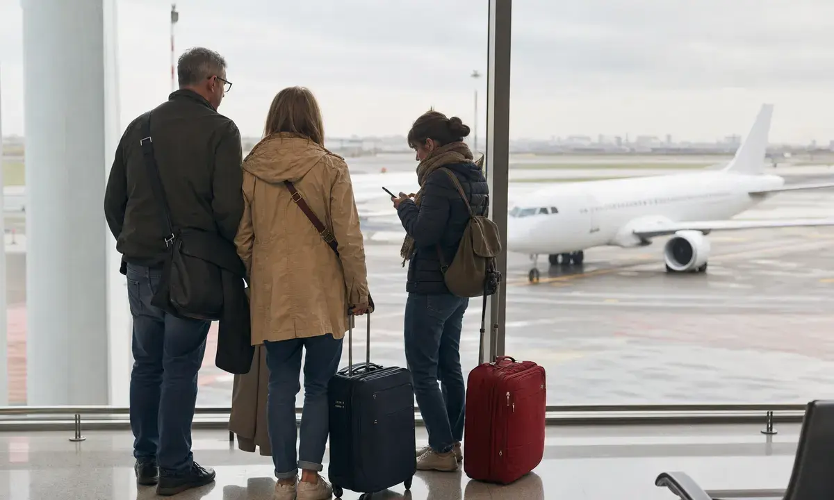 Tre viaggiatori con valigie aspettano al finestrone dell’aeroporto, con un aereo bianco sulla pista sullo sfondo