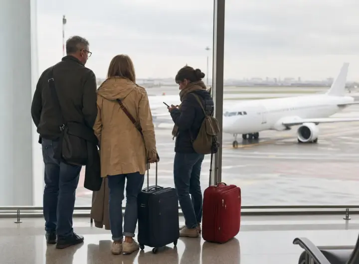 Tre viaggiatori con valigie aspettano al finestrone dell’aeroporto, con un aereo bianco sulla pista sullo sfondo