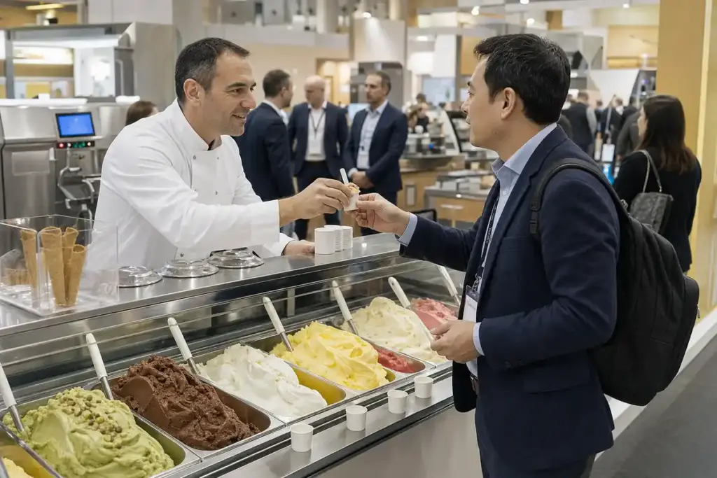 Gelatiere porge un assaggio a un buyer davanti a una vetrina di gelato artigianale in fiera