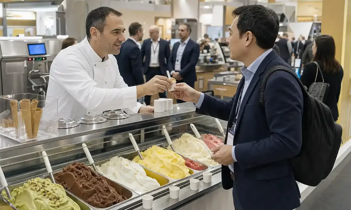 Gelatiere porge un assaggio a un buyer davanti a una vetrina di gelato artigianale in fiera