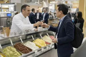 Gelatiere porge un assaggio a un buyer davanti a una vetrina di gelato artigianale in fiera