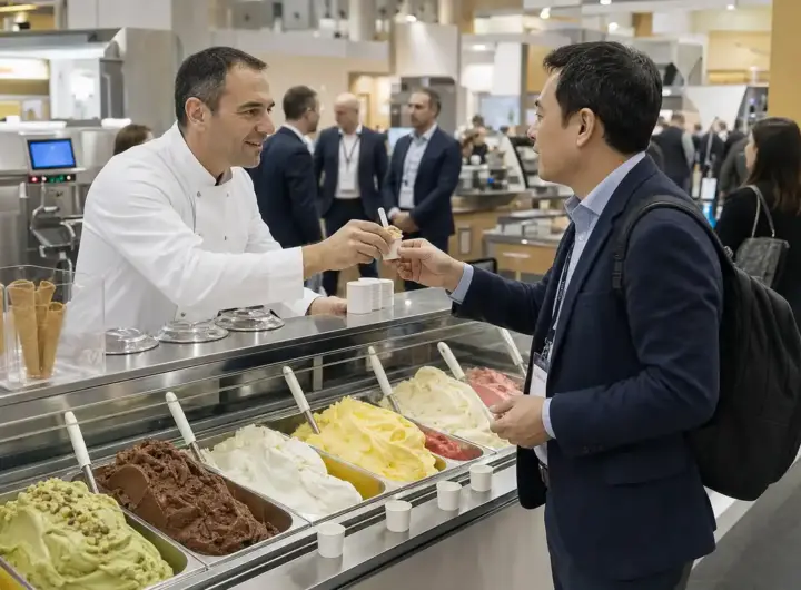 Gelatiere porge un assaggio a un buyer davanti a una vetrina di gelato artigianale in fiera