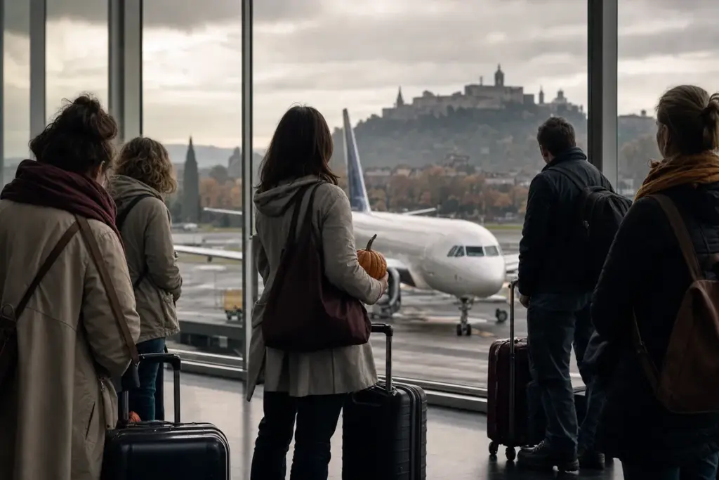 Viaggiatori con trolley in aeroporto guardano un aereo in pista sotto cielo nuvoloso; una donna tiene una piccola zucca