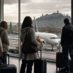 Viaggiatori con trolley in aeroporto guardano un aereo in pista sotto cielo nuvoloso; una donna tiene una piccola zucca