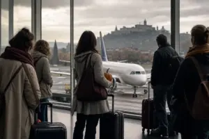 Viaggiatori con trolley in aeroporto guardano un aereo in pista sotto cielo nuvoloso; una donna tiene una piccola zucca