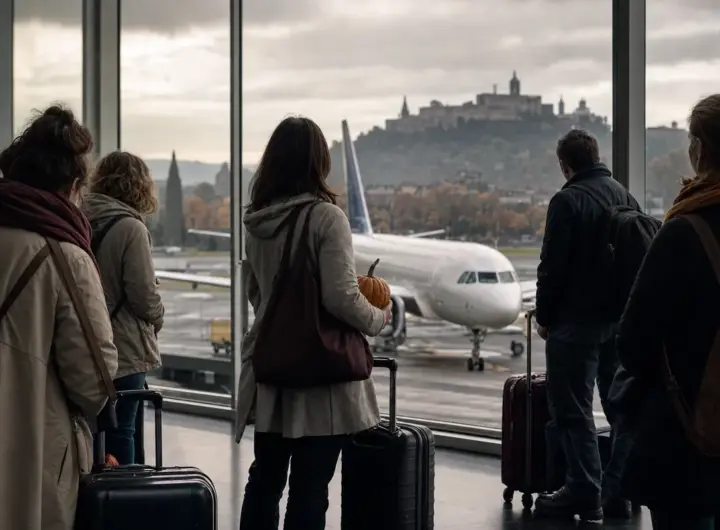 Viaggiatori con trolley in aeroporto guardano un aereo in pista sotto cielo nuvoloso; una donna tiene una piccola zucca