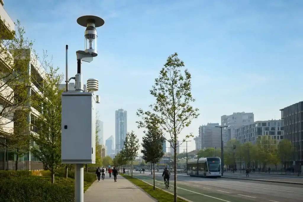 Centralina di monitoraggio dell’aria su un viale urbano con piste ciclabili, tram e cielo azzurro