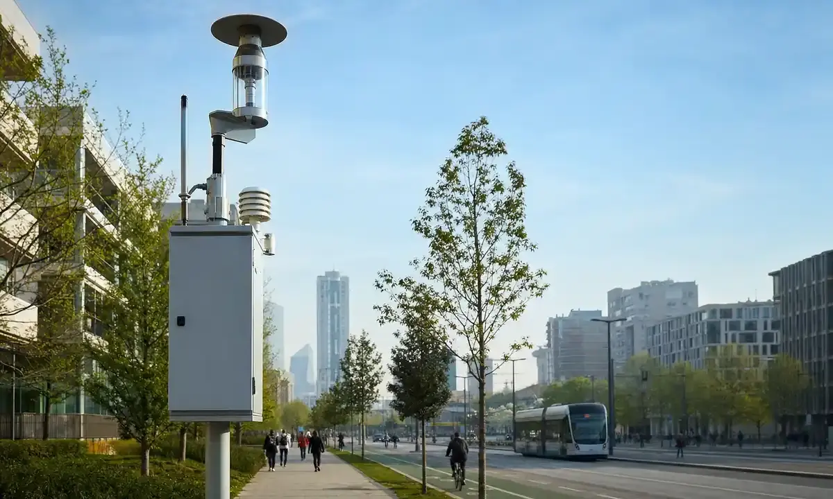 Centralina di monitoraggio dell’aria su un viale urbano con piste ciclabili, tram e cielo azzurro