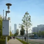 Centralina di monitoraggio dell’aria su un viale urbano con piste ciclabili, tram e cielo azzurro