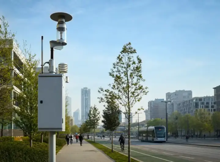 Centralina di monitoraggio dell’aria su un viale urbano con piste ciclabili, tram e cielo azzurro