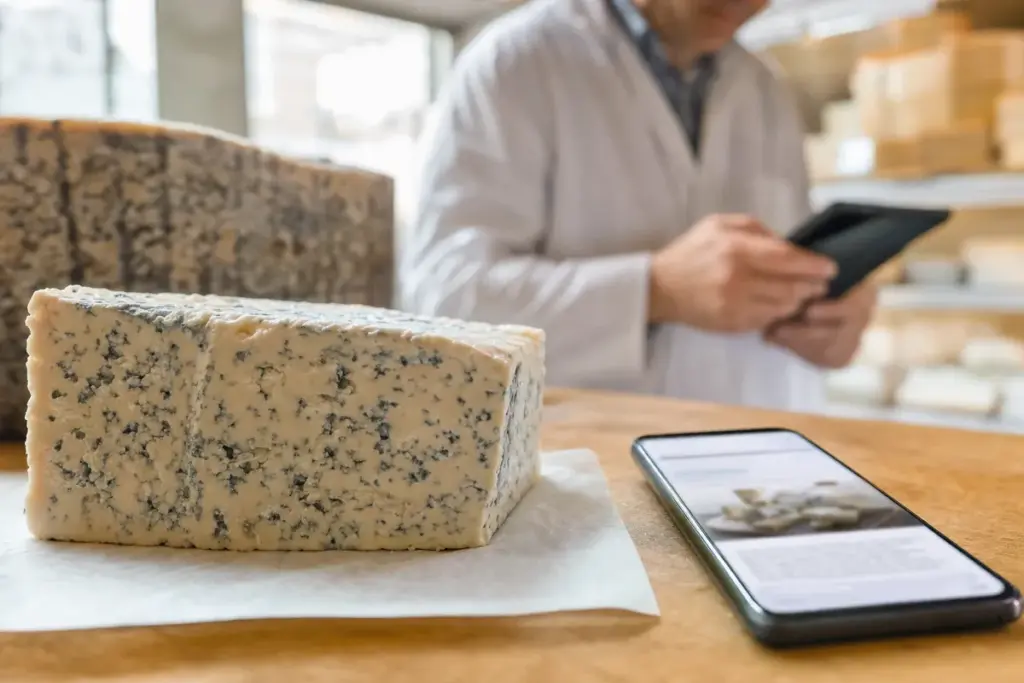 Trancio di formaggio erborinato su banco di legno con smartphone, e addetto in camice sullo sfondo