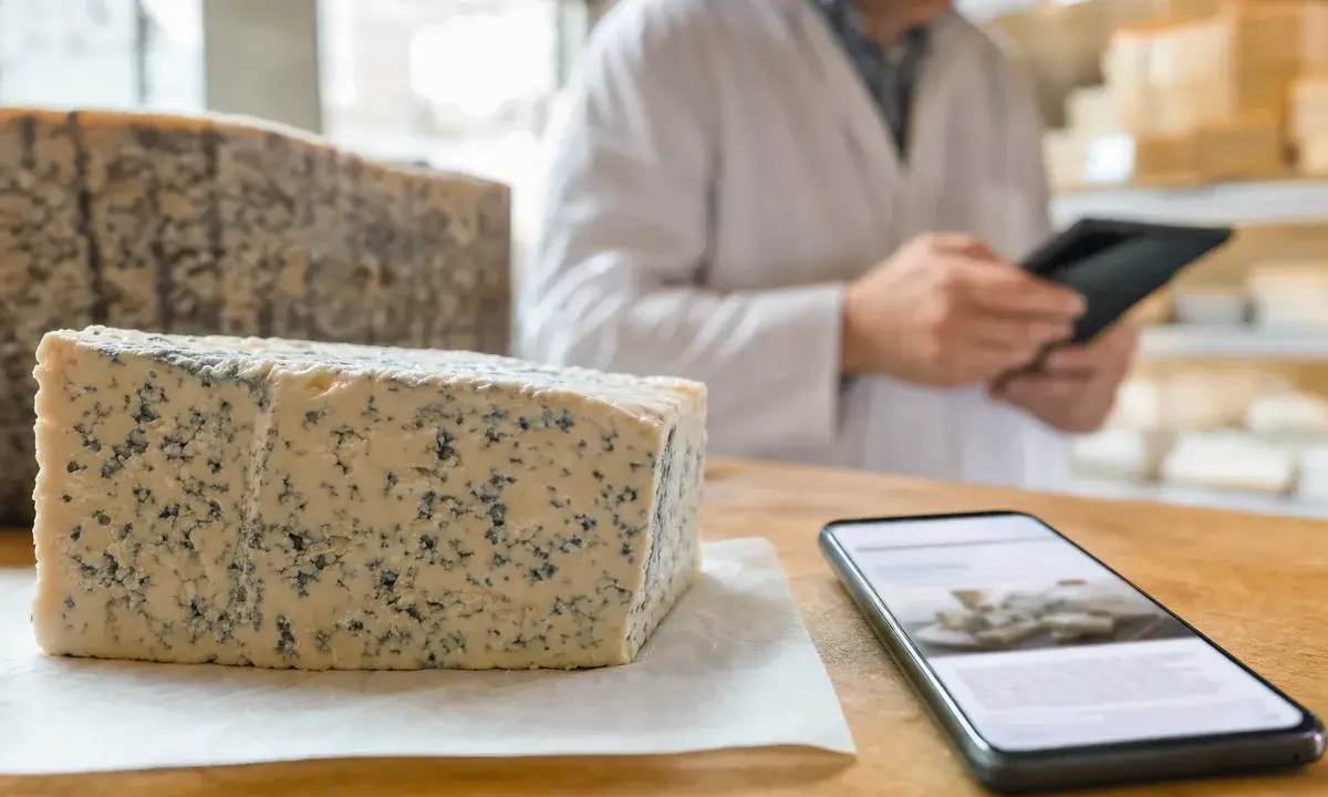 Trancio di formaggio erborinato su banco di legno con smartphone, e addetto in camice sullo sfondo