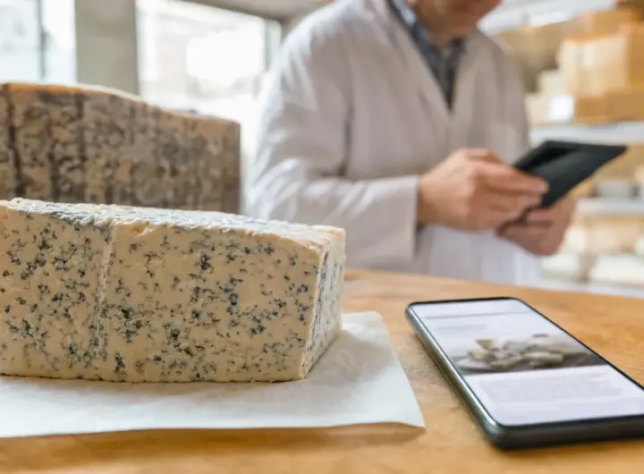 Trancio di formaggio erborinato su banco di legno con smartphone, e addetto in camice sullo sfondo