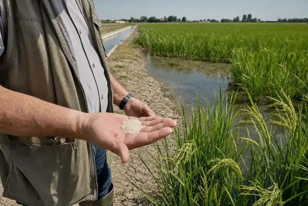 Tecnico agricolo mostra chicchi di riso lungo in mano accanto a risaia e canale d’irrigazione con terreno screpolato