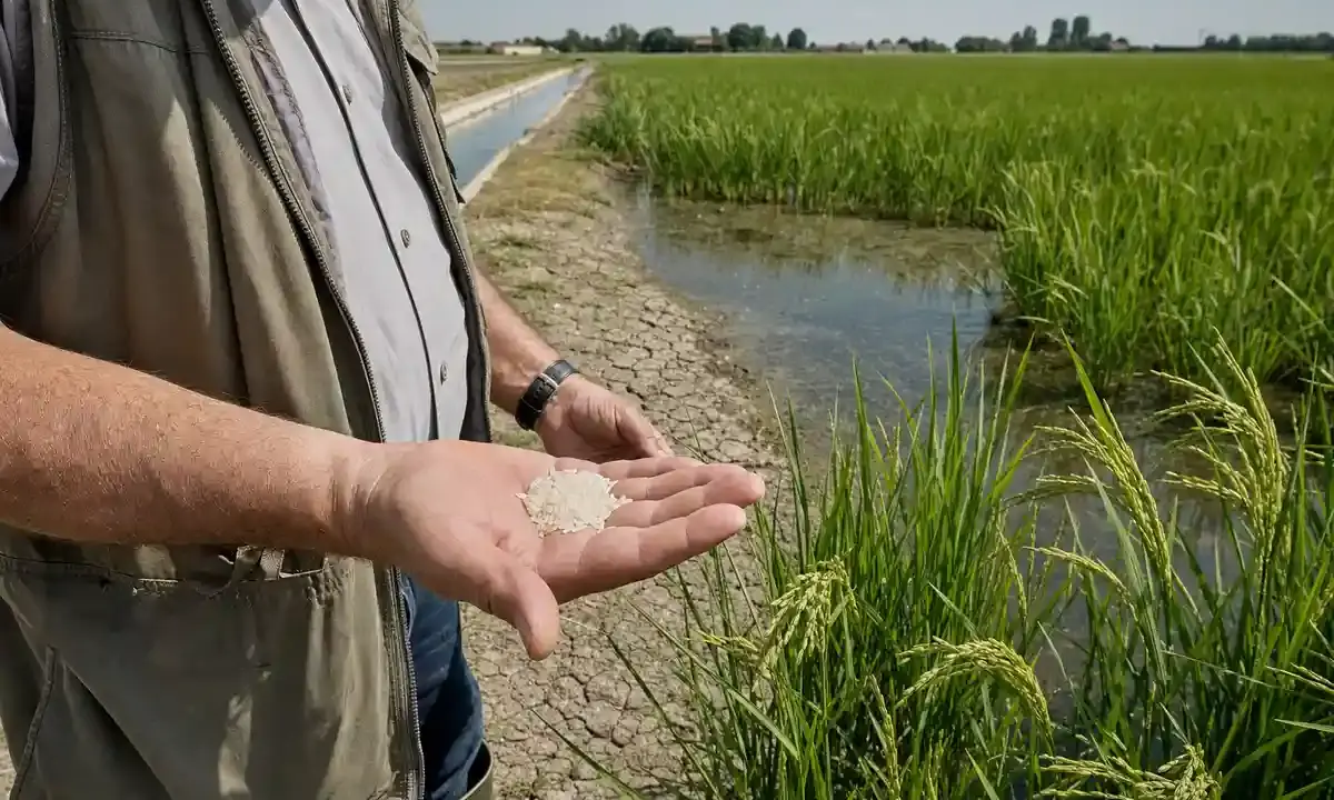Tecnico agricolo mostra chicchi di riso lungo in mano accanto a risaia e canale d’irrigazione con terreno screpolato